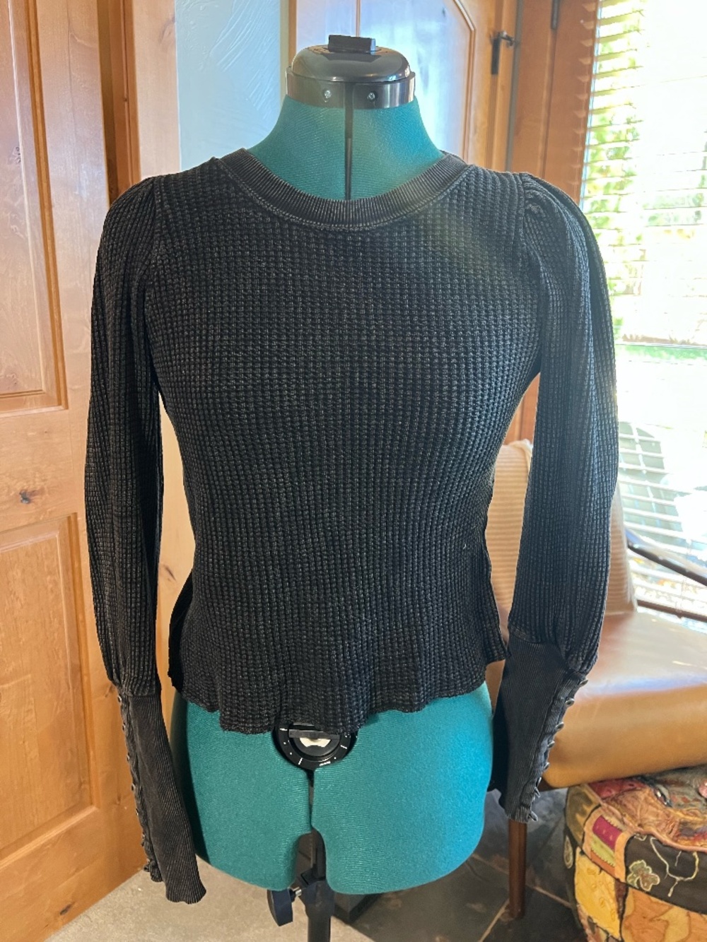 Free People Black Distressed Thermal Waffle Shirt with button sleeve detail